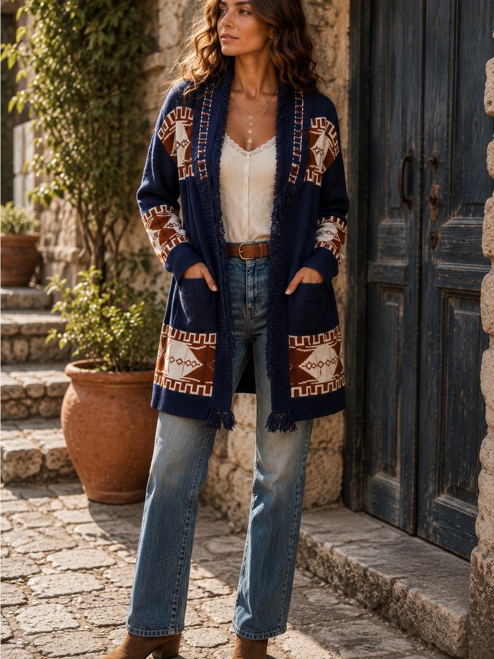 Cocogio Made in Italy Geometric Fringe Cardigan Navy Brown S